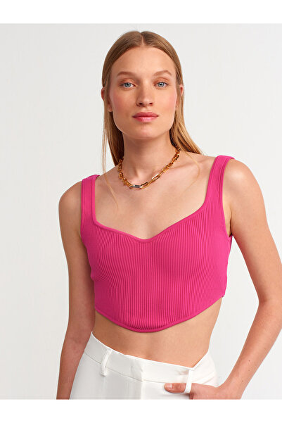 Dilvin 10223 Kalp Yaka Triko Crop-fuşya