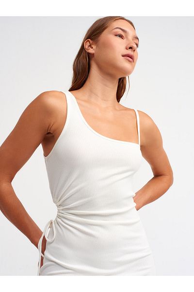 Dilvin Ecru Side Gathered Asymmetrical Dress