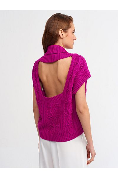 Dilvin 60128 V-Neck Open Back Knitwear Vest-raspberry