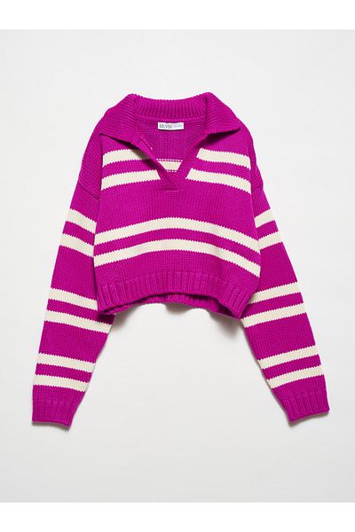Dilvin 10235 Polo Neck Striped Sweater-raspberry