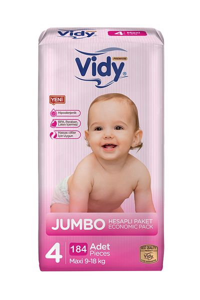 Vidy Baby Diapers Size 4 Maxi Premium 184 Pieces 46x4 Pack Economical/9-18 Kg/leakproof Absorbent Hypoallergenic