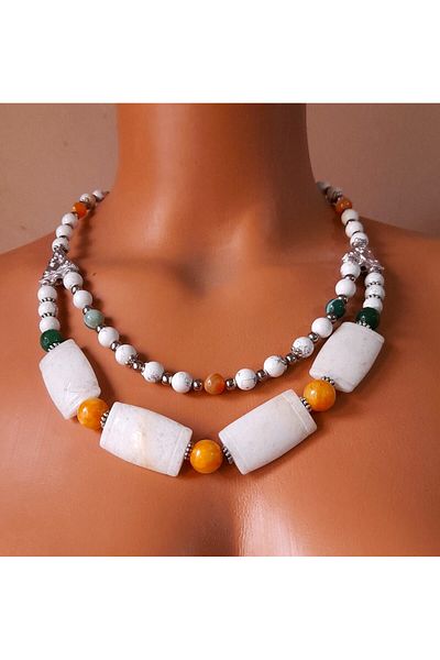 Asteria Elite Howlite Quartz Negative Energy Purification Two Row Necklace and Bracelet Set for Mental Clarity