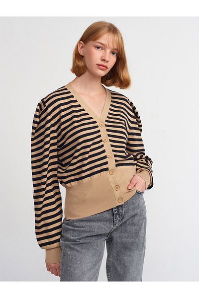 Dilvin 60181 V-Ausschnitt Streifen Cardigan-beige-schwarz