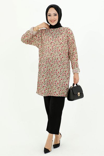 Bestenur Efdal Floral Patterned Mink Suit 532 - Σετ των δύο
