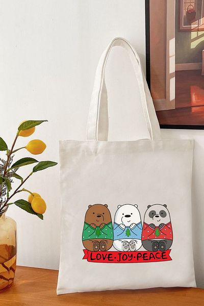 Cemira We Bare Bears, Kafadar Bears 3 Geantă din pânză brută imprimată aproape prietenoasă, geantă din stofă
