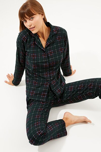 Ecrou Green Burgundy Plaid Suede Buttoned Baby Collar Long Sleeve Long Bottom Pajama Set