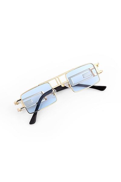 Angel Eyes Style Glasses Gold Rectangular Detailed Frame Blue Glass