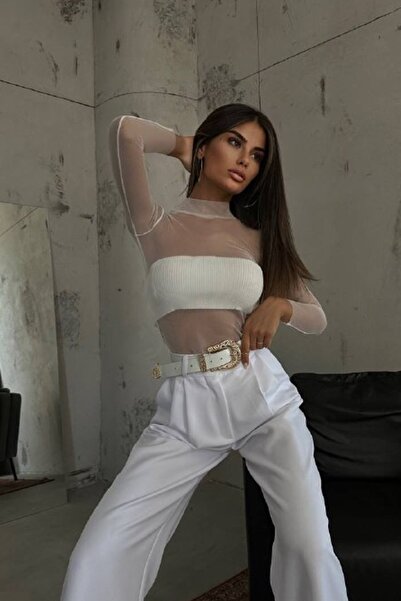 vuvutasarım White Tulle Detailed Long Sleeve Blouse - New Season 23W15021