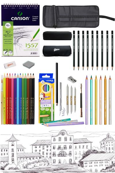 GLANCE Canson Sketchbook Charcoal Metalic Water Color Pencil Drawing Sketch Set with Bag
