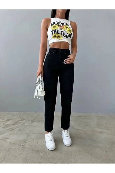 BROSERER Jardon Pantaloni de damă, negri, cu talie super înaltă, confort Lycra Mom Jeans