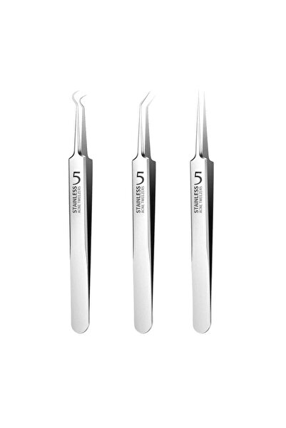 valkyrie 3 Adet Kutulu Hassas Paslanmaz Profesyonel No.5 Akne Ipek Kaş Kirpik Cımbız Seti Sivilce Cımbızı
