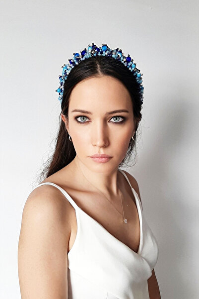 Bijusel تاج أزرق مطرز يدويًا بإبزيم أزرق سميك