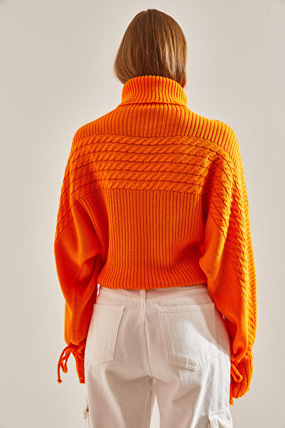 Bianco Lucci Women's Turtleneck Sleeves Lace Up Patterned Knitwear Sweater