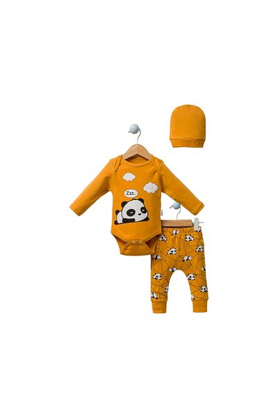 Point Sleepy Panda Patterned Long Sleeve 3-Piece Baby Bodysuit