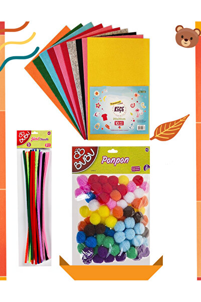 NEON PLUS Şönil 30cm 25 Adet, Keçe 20x30 cm 10 Renk, Ponpon Karışık renk 100 ...