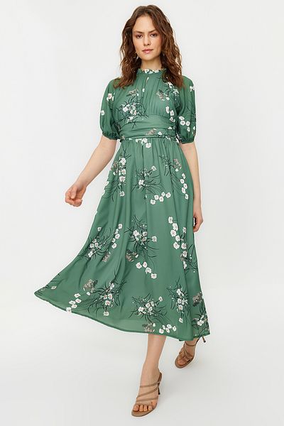 Trendyol Modest Zöld léggömb ujjú virágos hosszú ruha TCTSS24EB00008