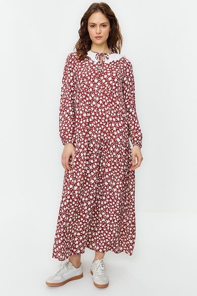 Trendyol Modest Brown Floral Patterned Scallop Collar Detailed Viscose Woven Dress TCTSS21EL3655