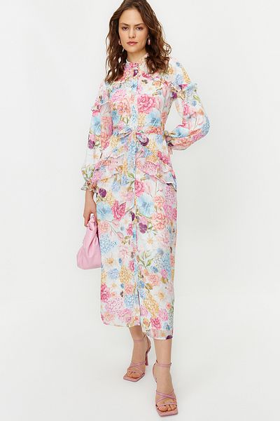 Trendyol Modest Fliederfarbenes Kleid aus gewebtem Chiffon mit floralem Rüschendetail und Futter TCTSS24EB00003