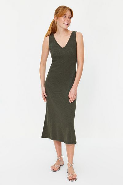 Trendyol Collection Khaki Shift/Sima medence galléros Midi kötöttáru megjelenésű rugalmas kötött ruha TWOSS22EL2964