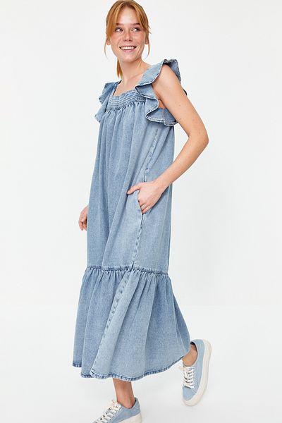 Trendyol Collection Light Blue Ruffle Oversize Maxi Denim Dress TWOSS24EL00368