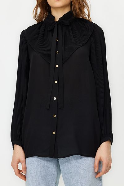 Trendyol Modest Černá volánková šifonová tkaná košile TCTSS24TG00014