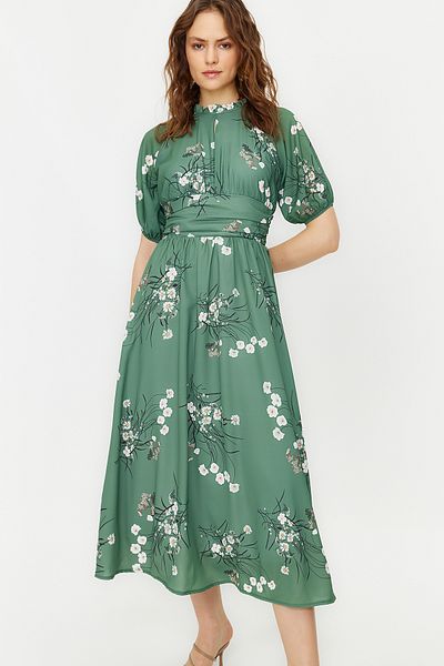 Trendyol Modest Zöld léggömb ujjú virágos hosszú ruha TCTSS24EB00008