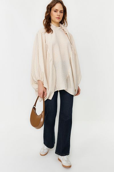 Trendyol Modest Beige Plaid Comfortable Fit Seersucker Woven Tunic TCTSS24UK00015