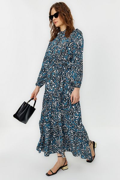 Trendyol Modest Ecru Small Floral Printed Ruffle Detailed Belted Woven Dress TCTSS21EL3340