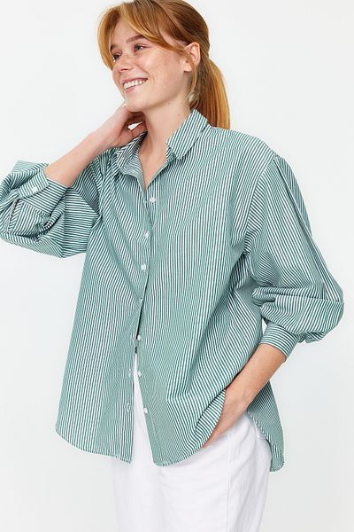Trendyol Collection Zielona koszula oversize w paski - szeroka, tkana, TWOSS23GO00144
