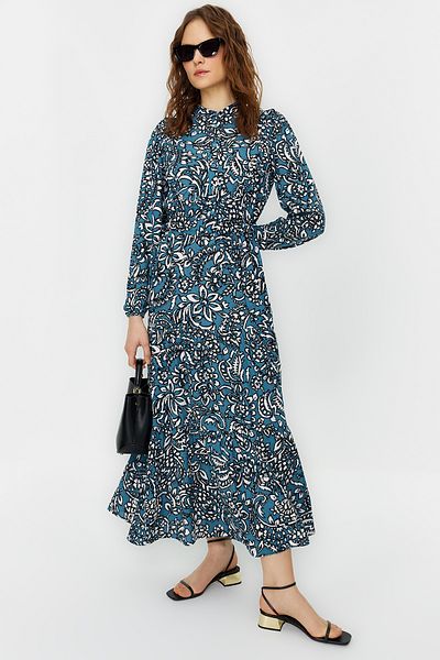 Trendyol Modest Ecru Small Floral Printed Ruffle Detailed Belted Woven Dress TCTSS21EL3340