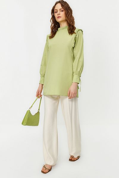 Trendyol Modest Woven Cotton Tunic with Green Shoulders and Ruffles at the Cuff TCTSS23UK00083