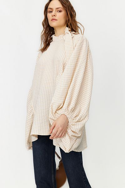 Trendyol Modest Beige Plaid Comfortable Fit Seersucker Woven Tunic TCTSS24UK00015