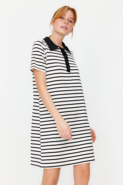 Trendyol Collection Black and White Striped Polo Neck A-Line/A-Line Form Knitted Mini Dress TWOSS24EL00023