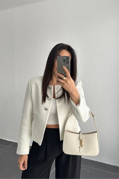 buqre's moda Jachetă scurtă din tweed, căptușită cu sclipici, cu nasturi argintii