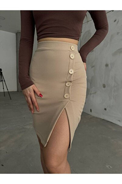 MODA FINE KADIN YANDAN YIRTMAÇLI DÜĞME DETAYLI KREP KUMAŞ LİKRALI ETEK