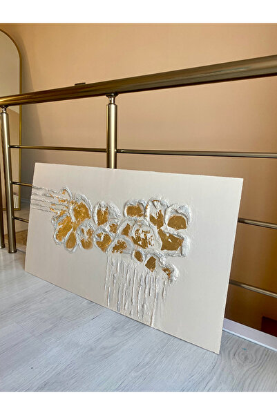 TOPLINE Akrilik Bej-Altın Varaklı Rölyefli Çiçekli Soyut Tablo