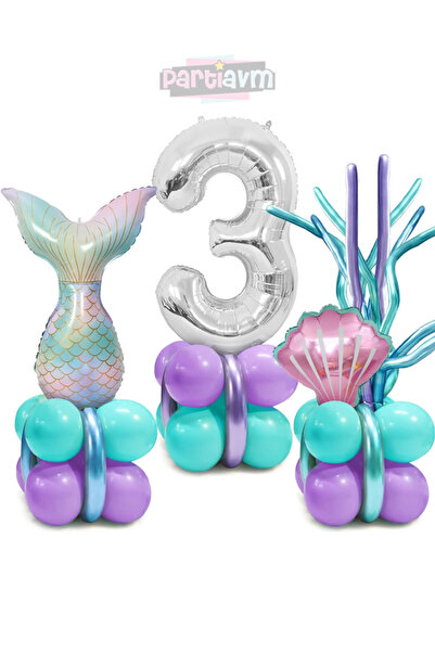 PARTİAVM Mermaid Tail Seashell 102cm Silver Number Balloon Mermaid Mermaid Co...