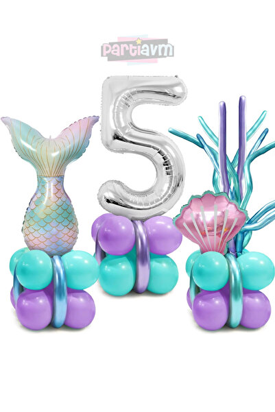 PARTİAVM Deniz Kızı Kuyruğu Deniz Kabuğu 102cm Gümüş Rakam Balon Mermaid Deni...