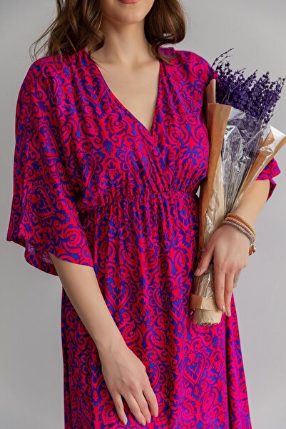 vuvutasarım Patterned Viscose Fabric Short Sleeve Double Breasted Collar Midi Length Slit Flared Cut Fuchsia Dress 090