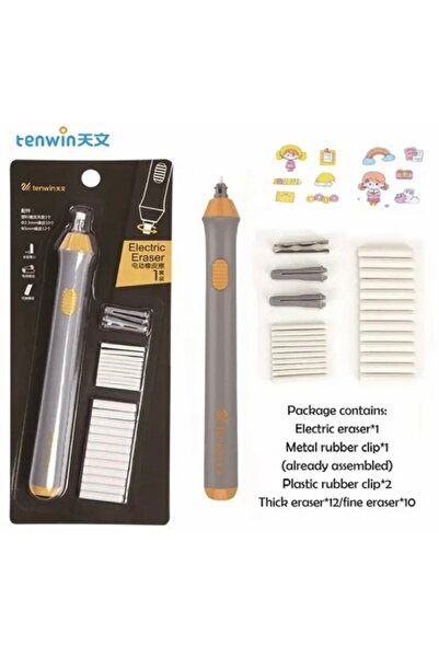 tenwin pilli otomatik kalem silgi GRİ GÖVDE iki farklı uç + 12 kalın ve +10 ince yedek kartuşlu