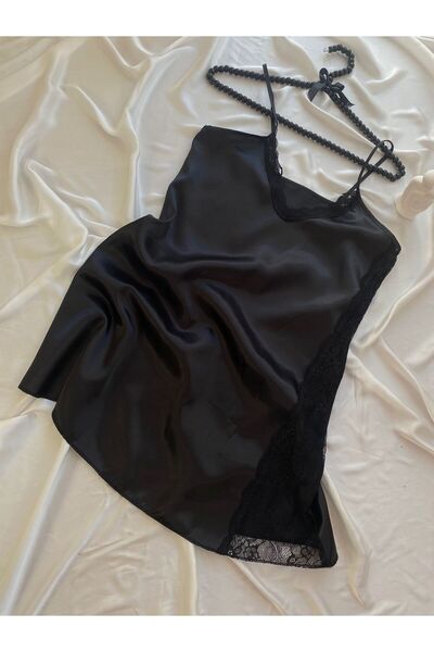 larisa kozmetik & içgiyim KADIN DANTEL DETAYLI SİYAH SATEN GECELİK