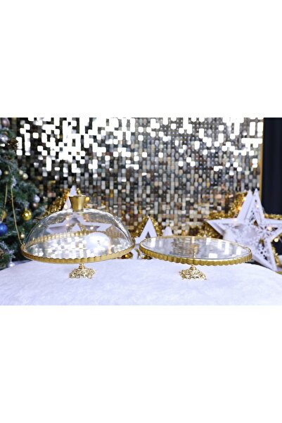 Elta Collection 2 li Paşabahçe Metal Ayaklı Yaldızlı Kek Fanus ve Pasta Standı Sunumluk