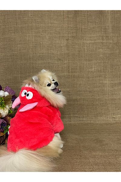 MARİA PET FASHİON Plush Red Coat with Dinosaur Hat - Dog and Rabbit Outfit, Plush Sweat Jacket
