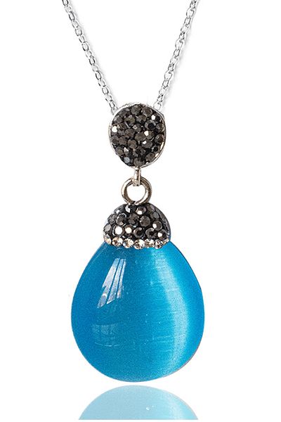 Tesbih Atölyesi Blue Agate Stone Necklace with Certified Zircon Stone