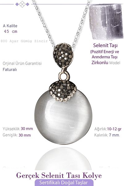 Tesbih Atölyesi Certified Zircon Model Jewelled Round Selenite Stone Necklace