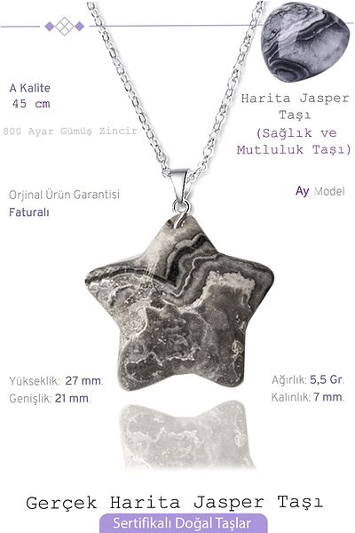 Tesbih Atölyesi Certified Star Model Real Map Patterned Jasper Stone Necklace