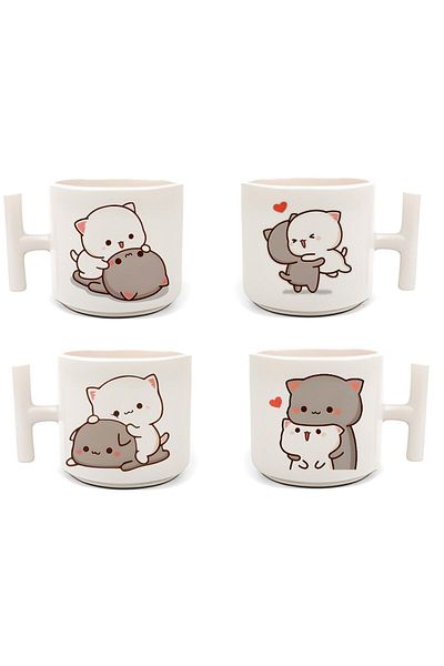 HobiShop Set of 4 White t Mug - Double Turkish Coffee Cup and Espresso Mochi Cat