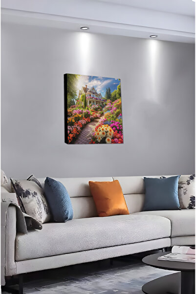 kutuTR Notpa Çiçekli Yol ve Güzel Evim Desenli Kanvas Tablo