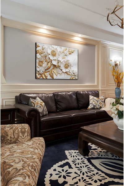 kutuTR Notpa Altın Çiçek Desenli 3D Görünümlü Kanvas Tablo