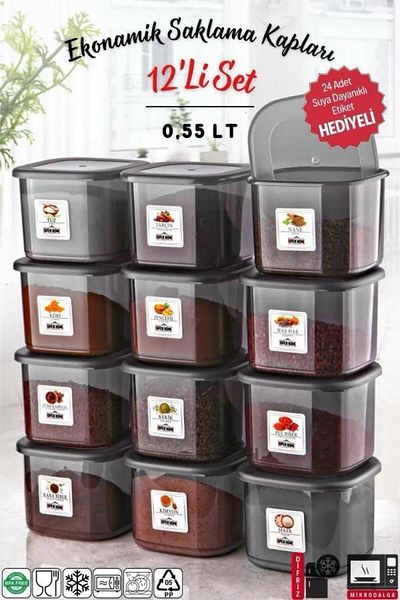 Open Home Concept 12 Pieces of 550 ml Economical Unbreakable Anthracite Storage Container with Labels